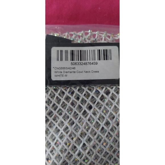 PrettyLittleThing White Diamante Cowl Neck Mesh Dress Medium - Picture 4 of 4